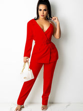 Zweiteiliger One-Shoulder-Langarm-Blazer-Hosenanzug mit Gürtel